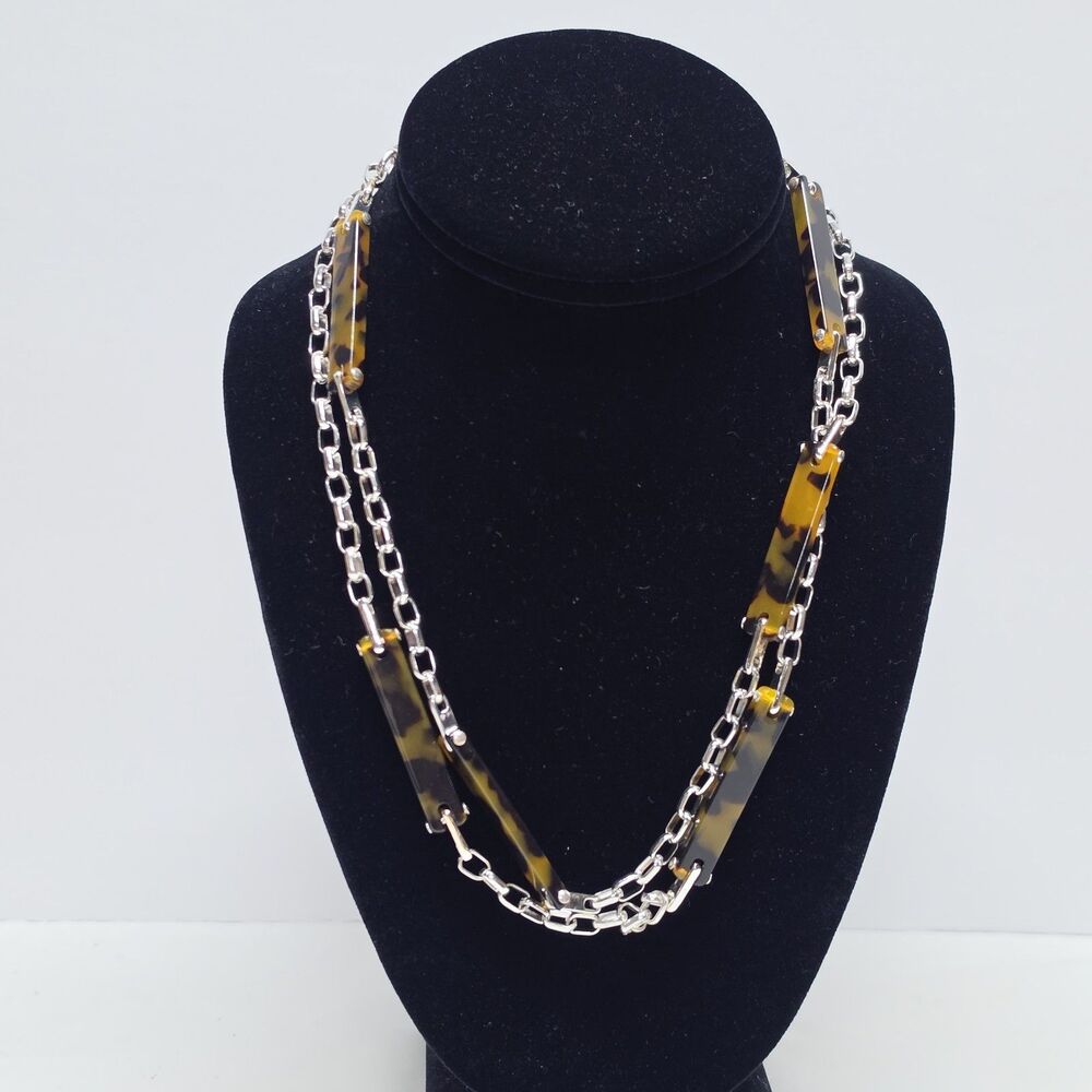 Ralph Lauren Silver Tone Link Chain Faux Tortoise Accent Stations Necklace
